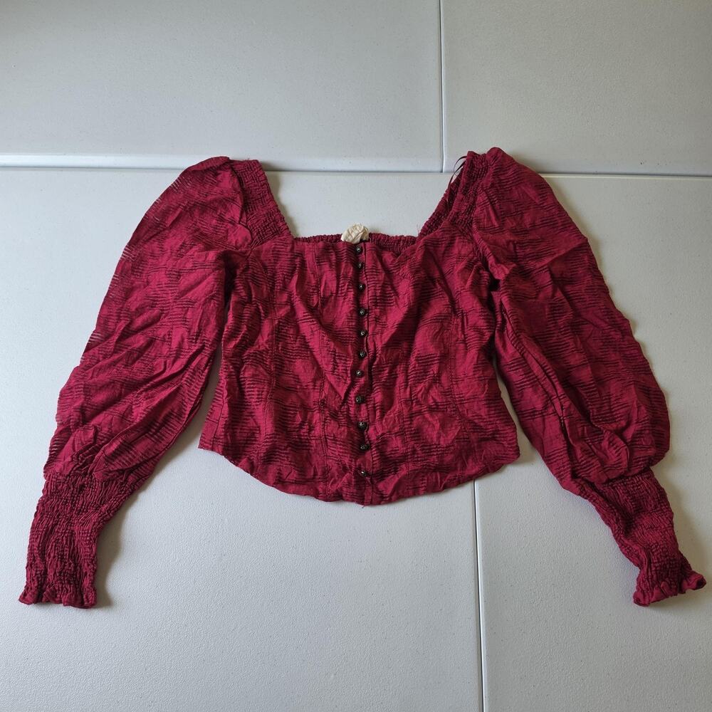 Anthropologie Blouse Womens Small Red Square Neck Puff Sleeve Cropped Top Boho